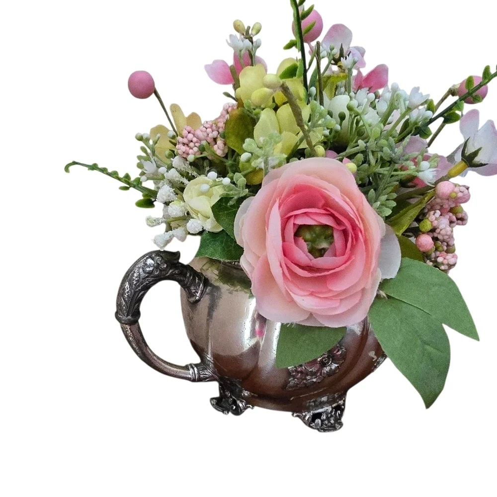 French Country Silverplate Sugar Bowl Pink and Green Faux Floral Arrangement